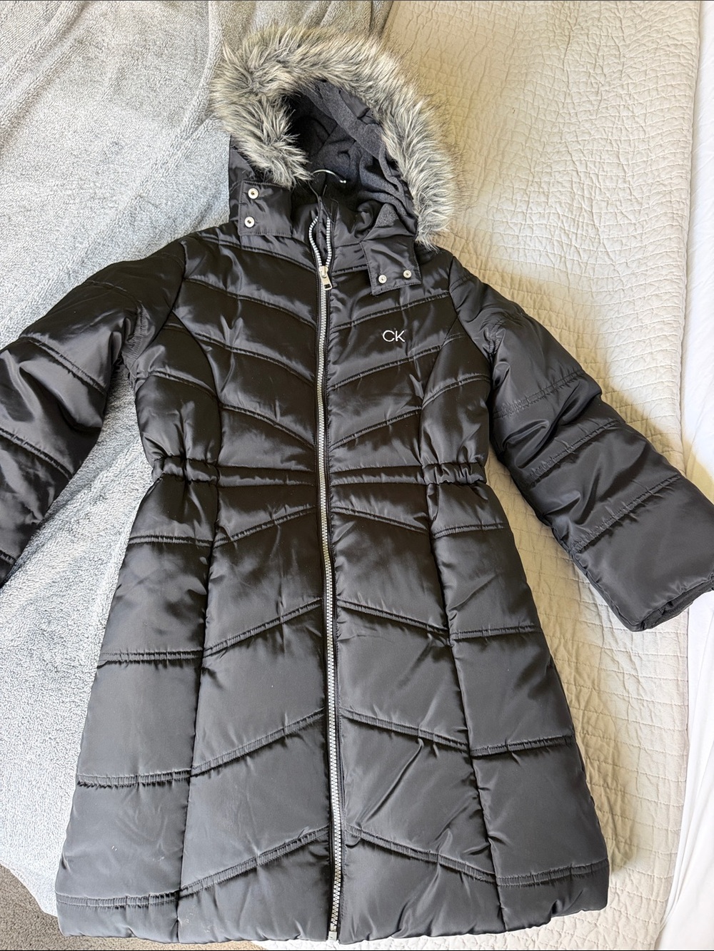 Calvin Klein Black Quilted Faux-Fur Trim Hooded Puffer Coat